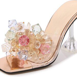 Women's Crystal Flower Dress Sandals PVC Square Toe Heels for Party Wedding